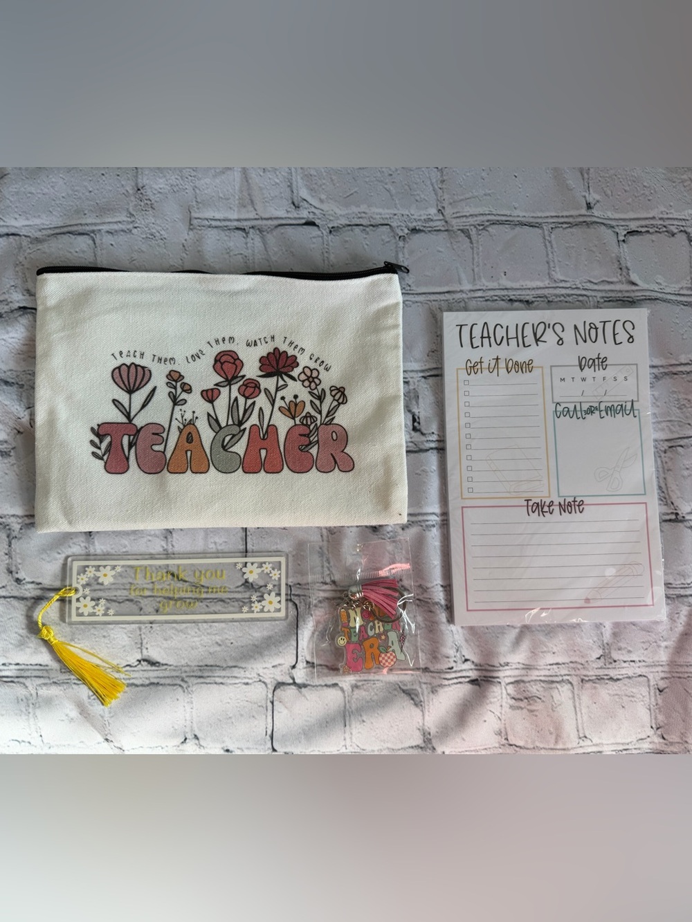 Teacher Floral Canvas Zipper Pouch - Cream with Pink & Orange Graphics